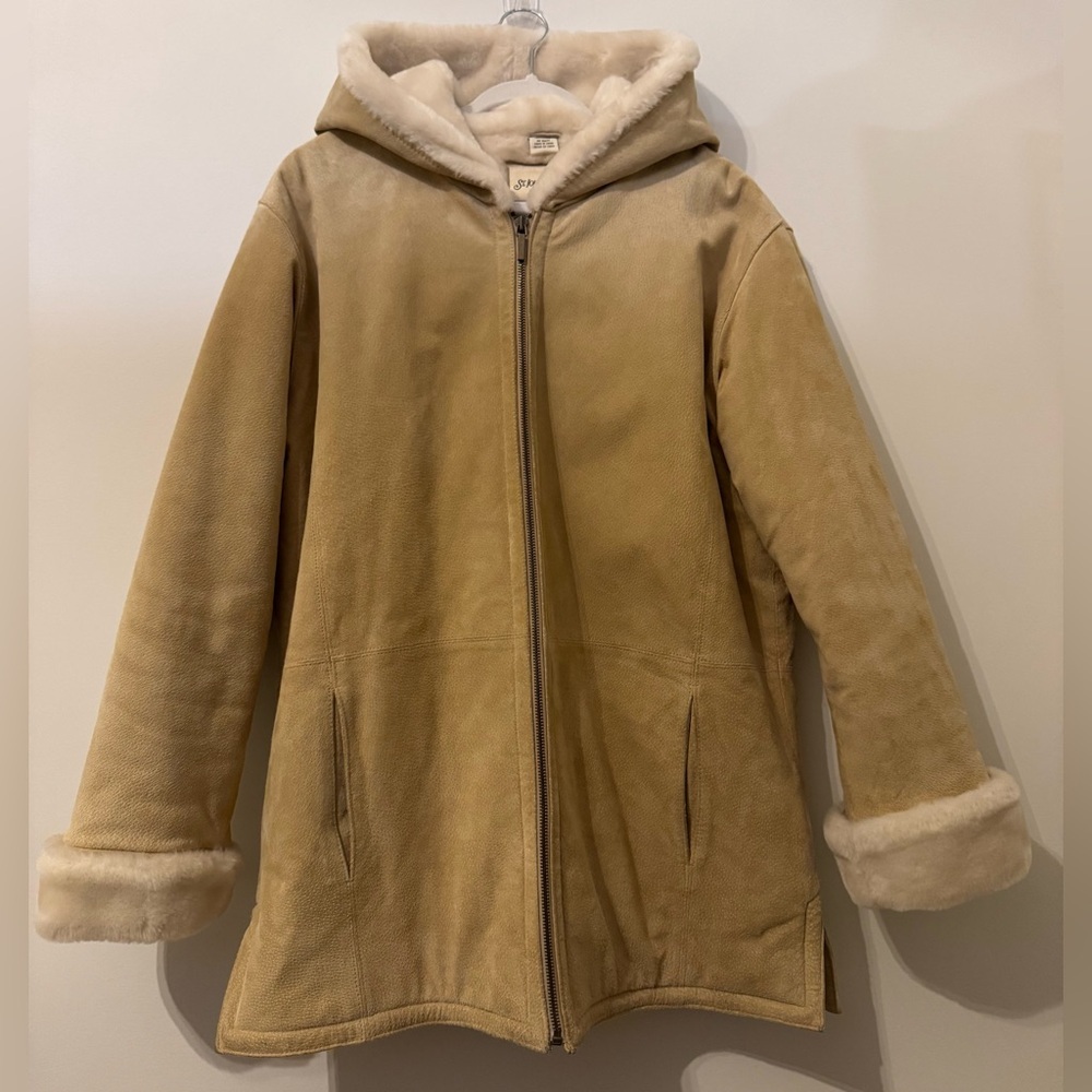 St Johns Bay Women's Tan Genuine Suede Leather Faux Fur Lined Hooded Coat Size L